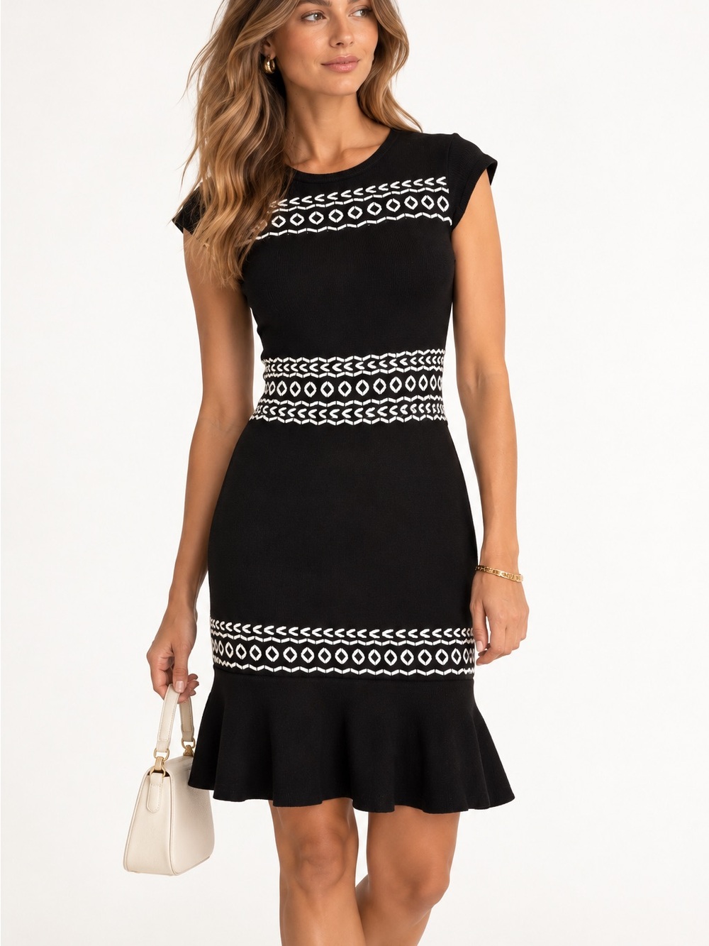 SHOSHANNA Black Knit Fit-and-Flare Dress with White Trim